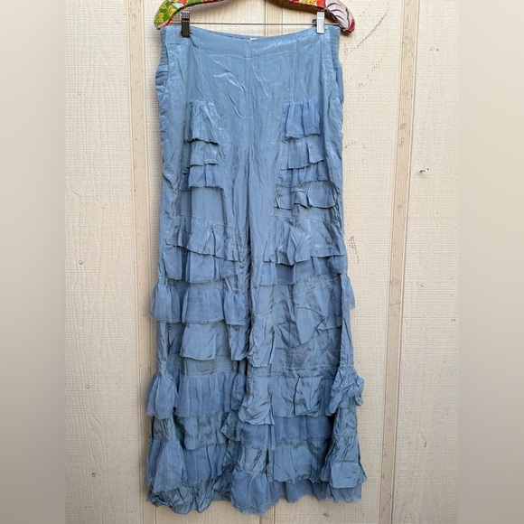 Free People Rock And Frill Tiered Ruffle Trouser Frayed Pants Autumn Sky Blue - Picture 2 of 7